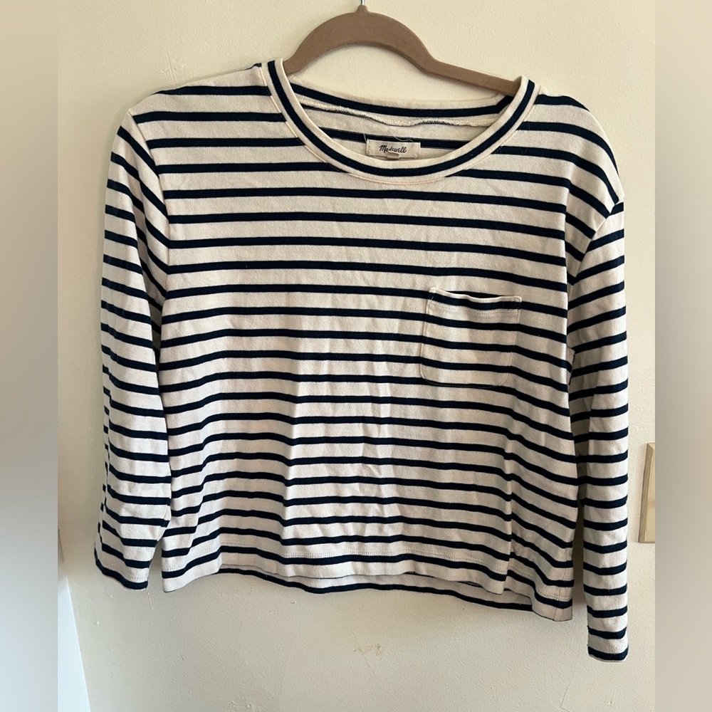 Madewell Striped Shirt Navy and White Size Small Cropped Sleeves